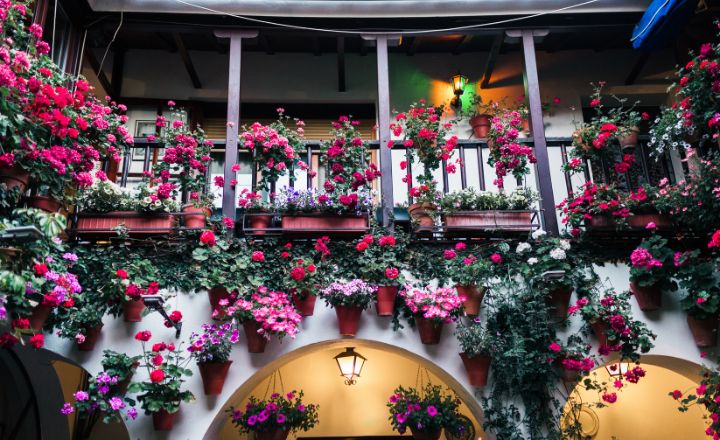 A decorated balcony in the courtyards of Cordoba